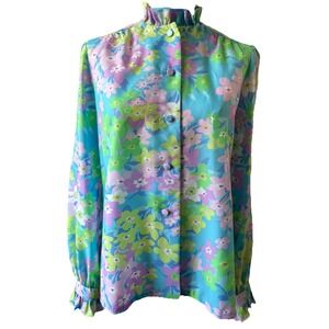 Posh Jay Anderson Silk Floral Blouse Ruffle Neck High Collar Top Vintage